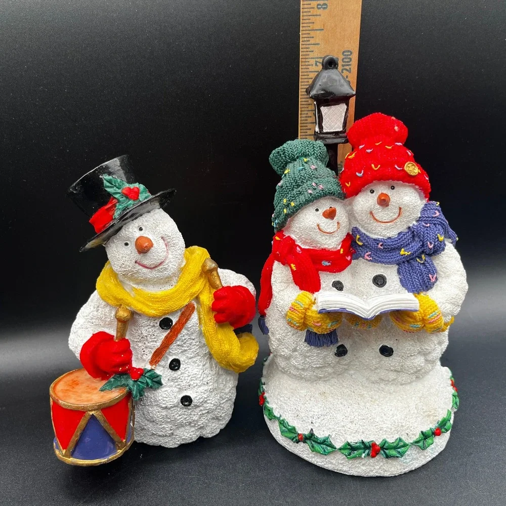 Pair of Christmas Snowman Figurine Set Carolers Drummer Resin Holiday Decorative